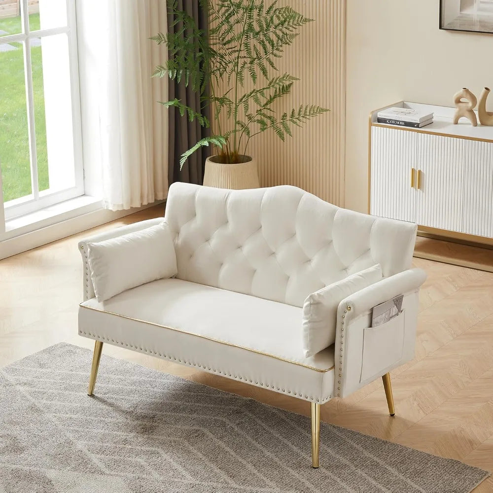 55-Inch Velvet Loveseat with Tufted Backrest, Side Pockets and Gold Metal Legs.  Also available in white or gray chair.