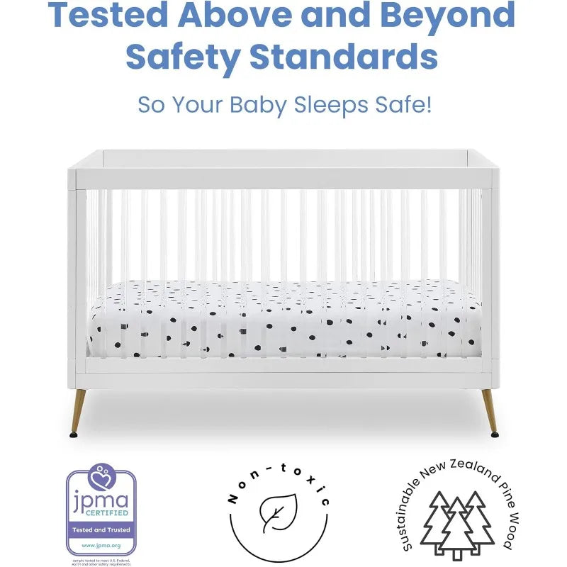 4-in-1 Multi-Use Acrylic Convertible White Crib with Conversion Rails and Bronze Feet