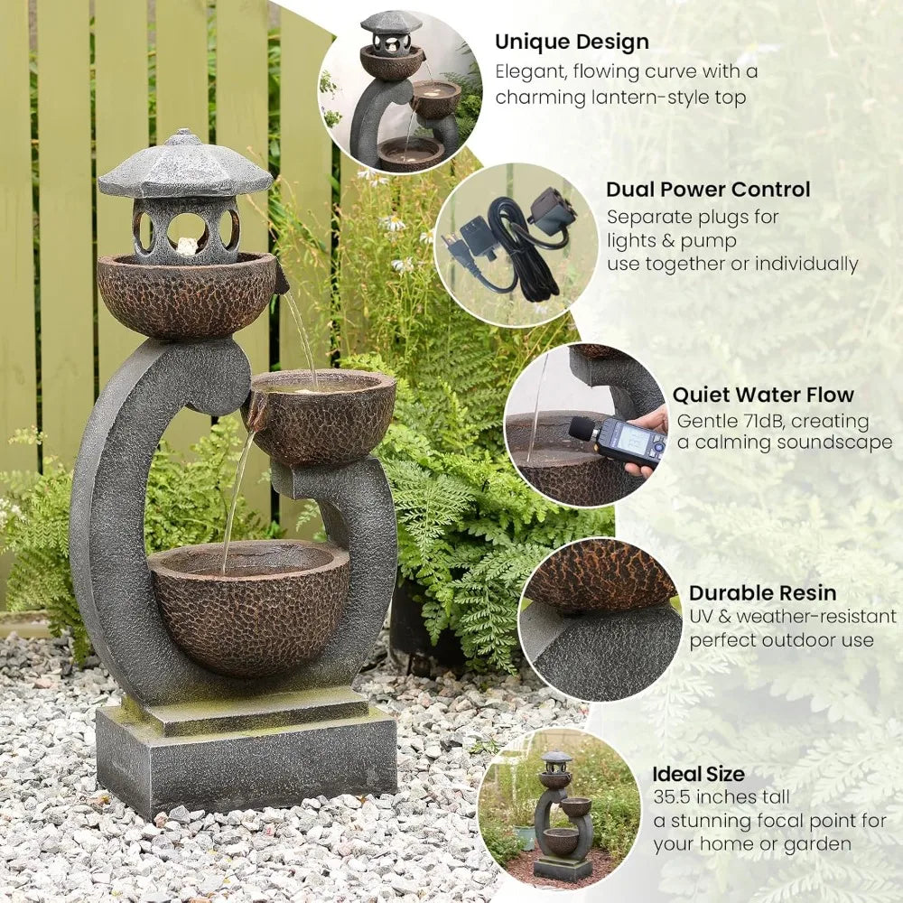 Outdoor Zen Feature - Garden Fengshui Freestanding Cascading Pagoda Waterfall with LED Lights & Pump.