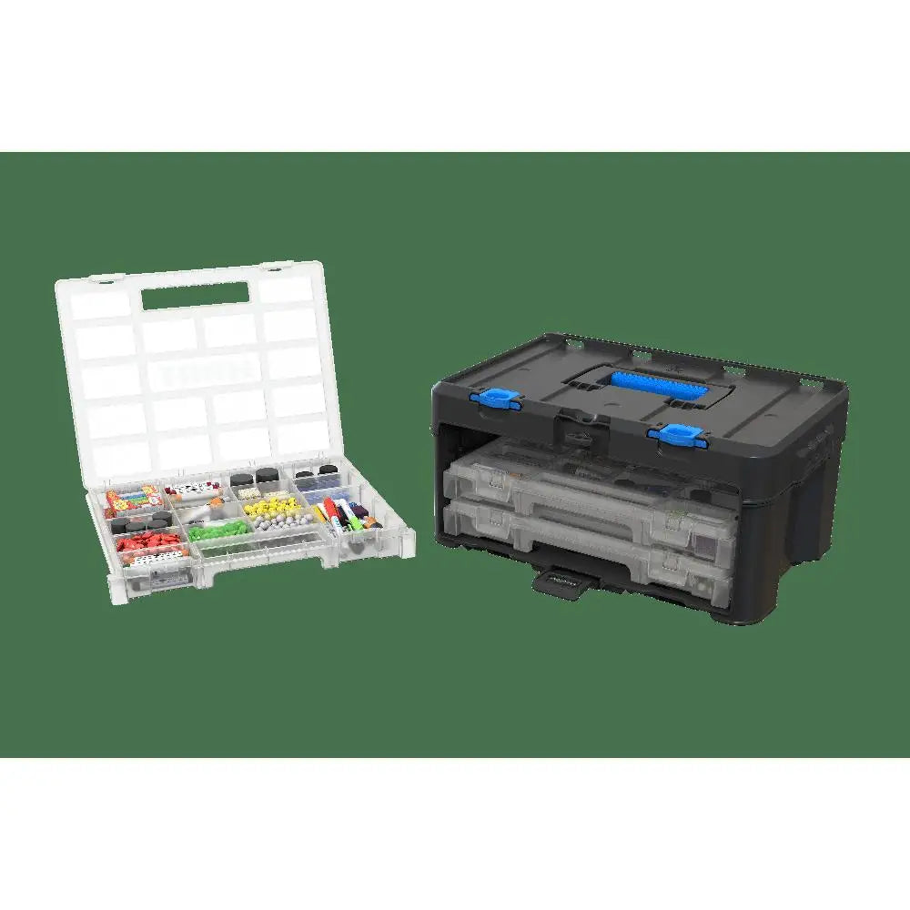 Modular Garage Organizer Container Set with Clear Plastic Dividers.