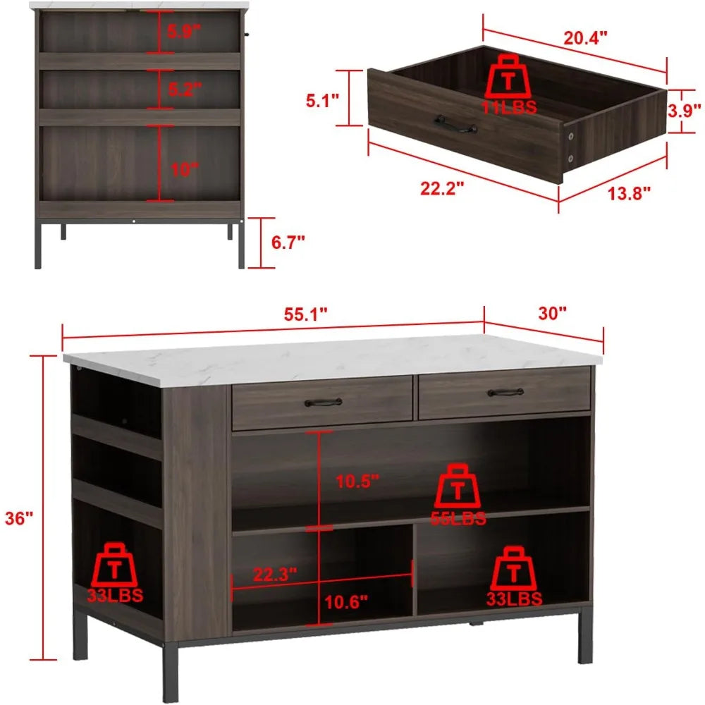 Stationary Kitchen Island with Storage Cabinet, 6 Open Shelves & 2 Drawers.