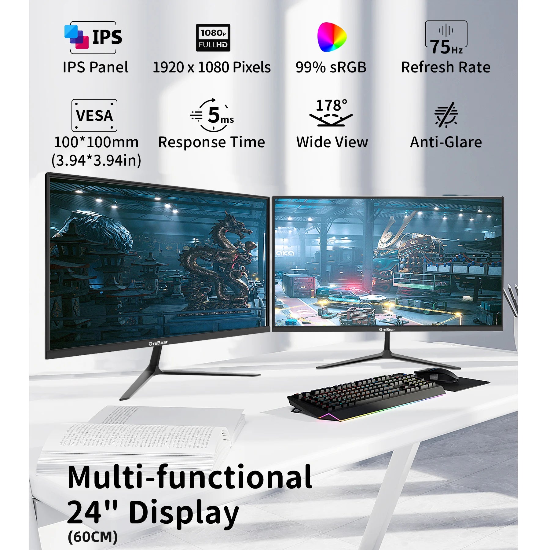 Personal Computer LED Blue Light 24-inch Display Desktop Monitor with LED Blue Light.