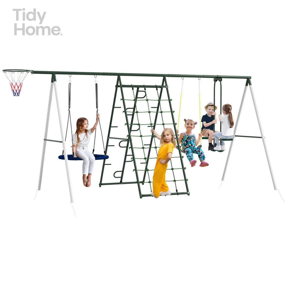 528 lb. capacity 5 in 1 Heavy Duty Swing Set with Saucer Swing and Slide.