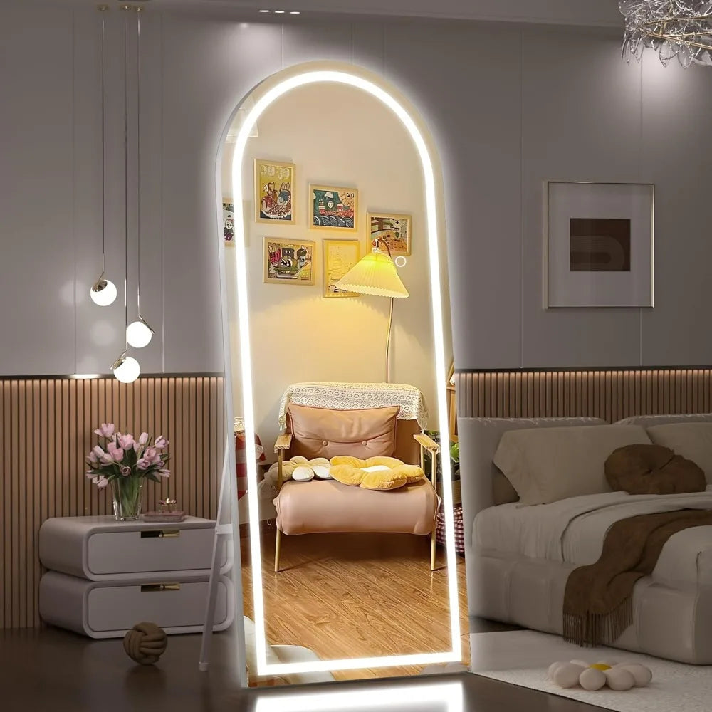 White Frame Arch LED Full Length Mirror with 3 Colors.