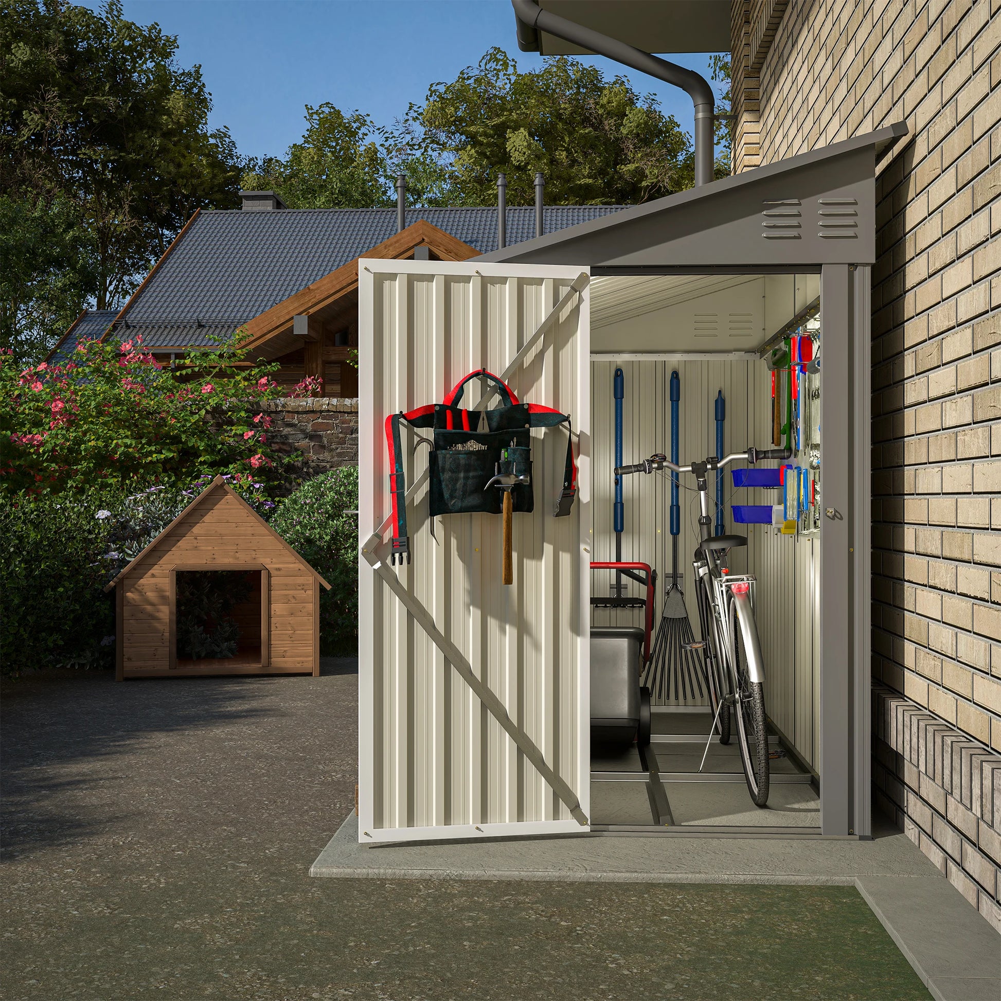 4' x 8' Outdoor Metal Wall Side Storage Shed with Sloped Roof and Aluminum Door
