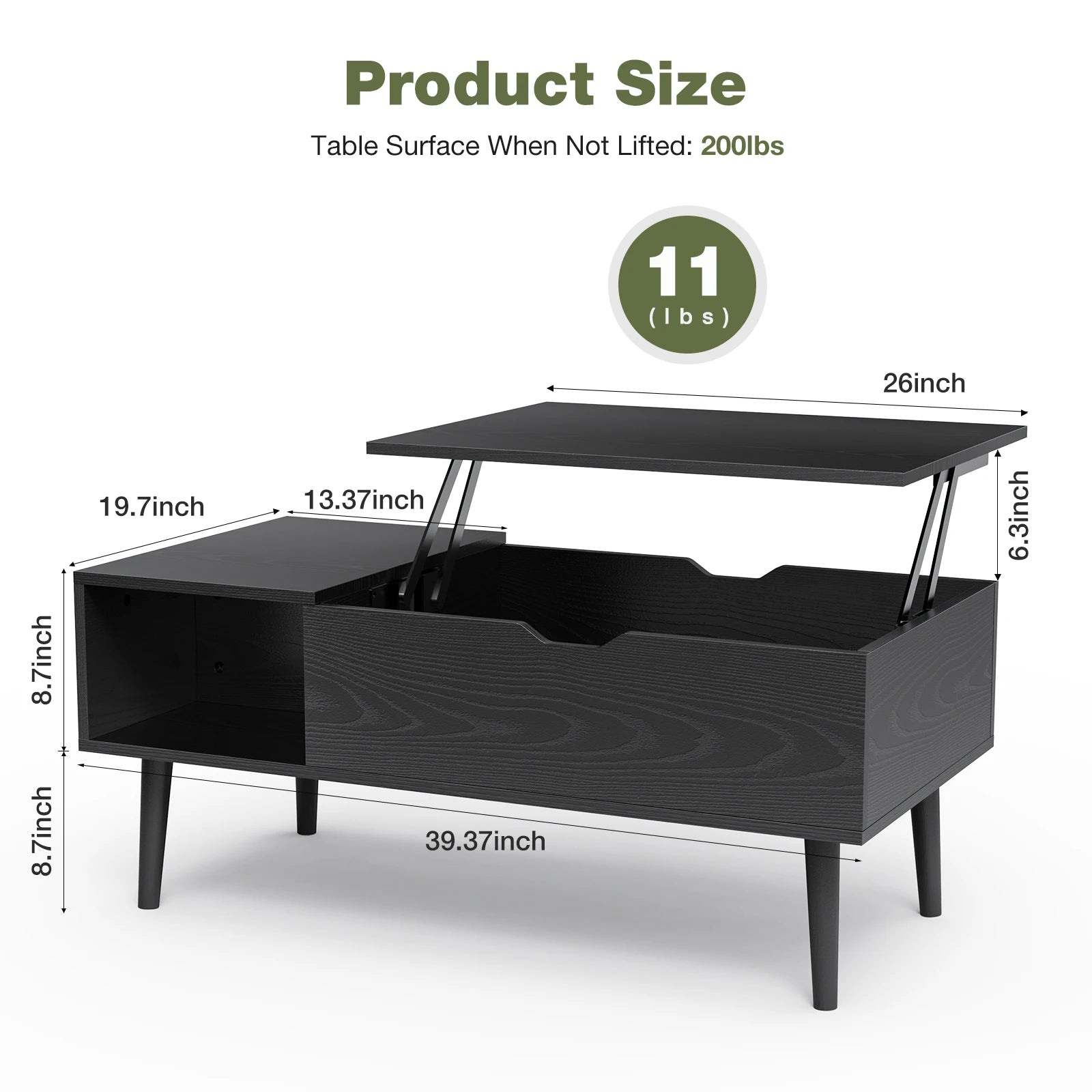 Coffee Table With Lift Top and Adjustable Storage Shelf,  Measures 39.37"x19.7"