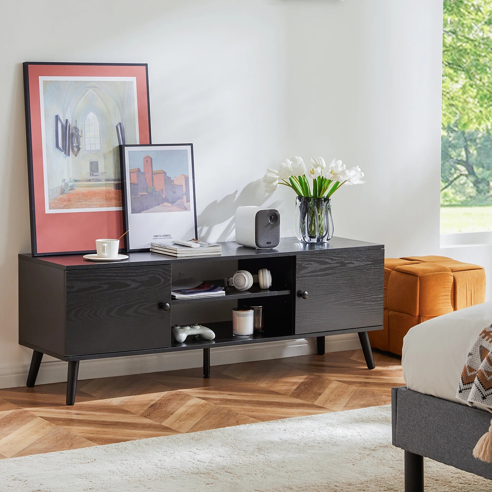 Wooden Stand/Entertainment Center For Up To 60 Inch TV with two Cabinets, Adjustable Shelf  and Two Cord Holes