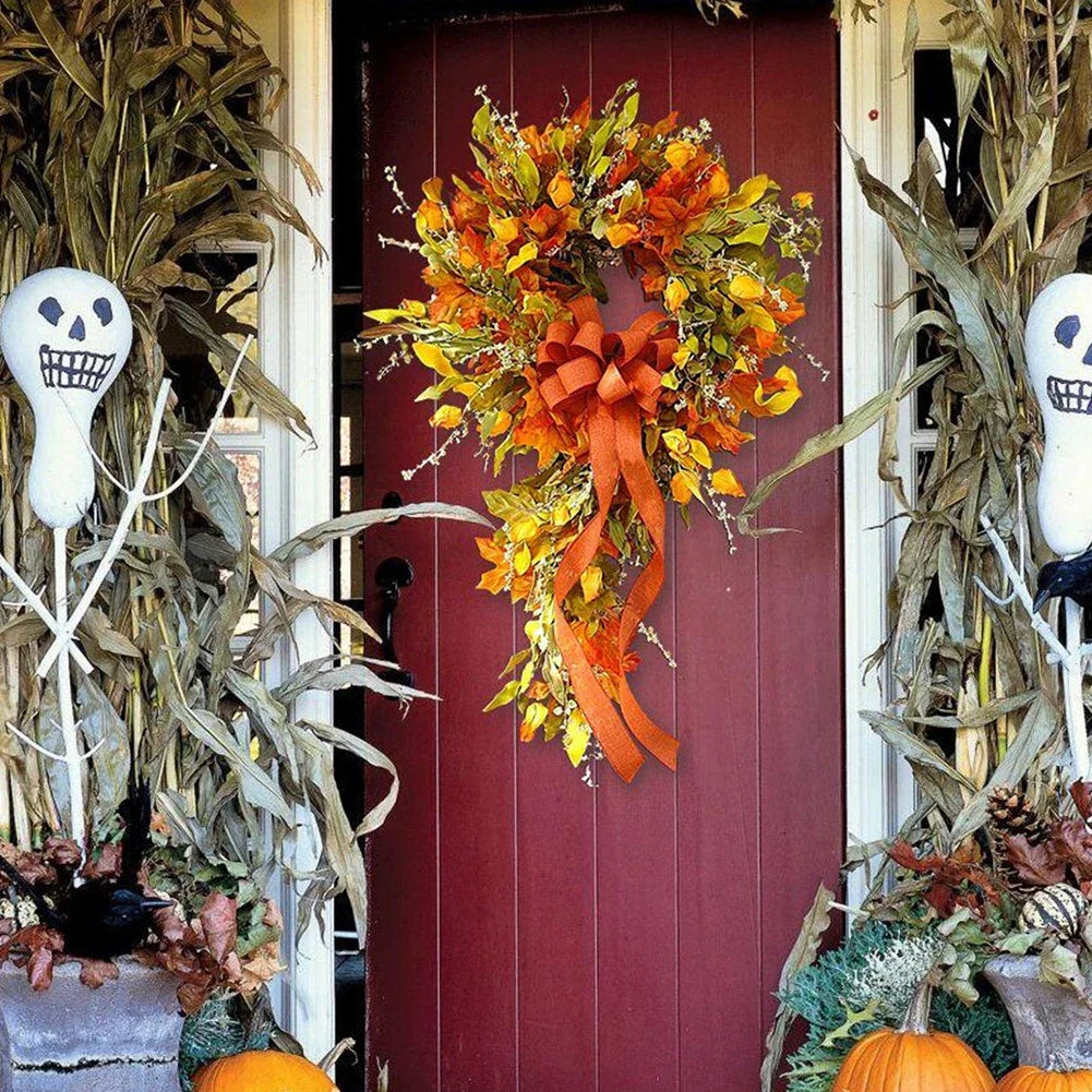 Autumn Maple Leaf Door Wreath for Use on Porch Door, Interior or Exterior Wall, 17" x 32"