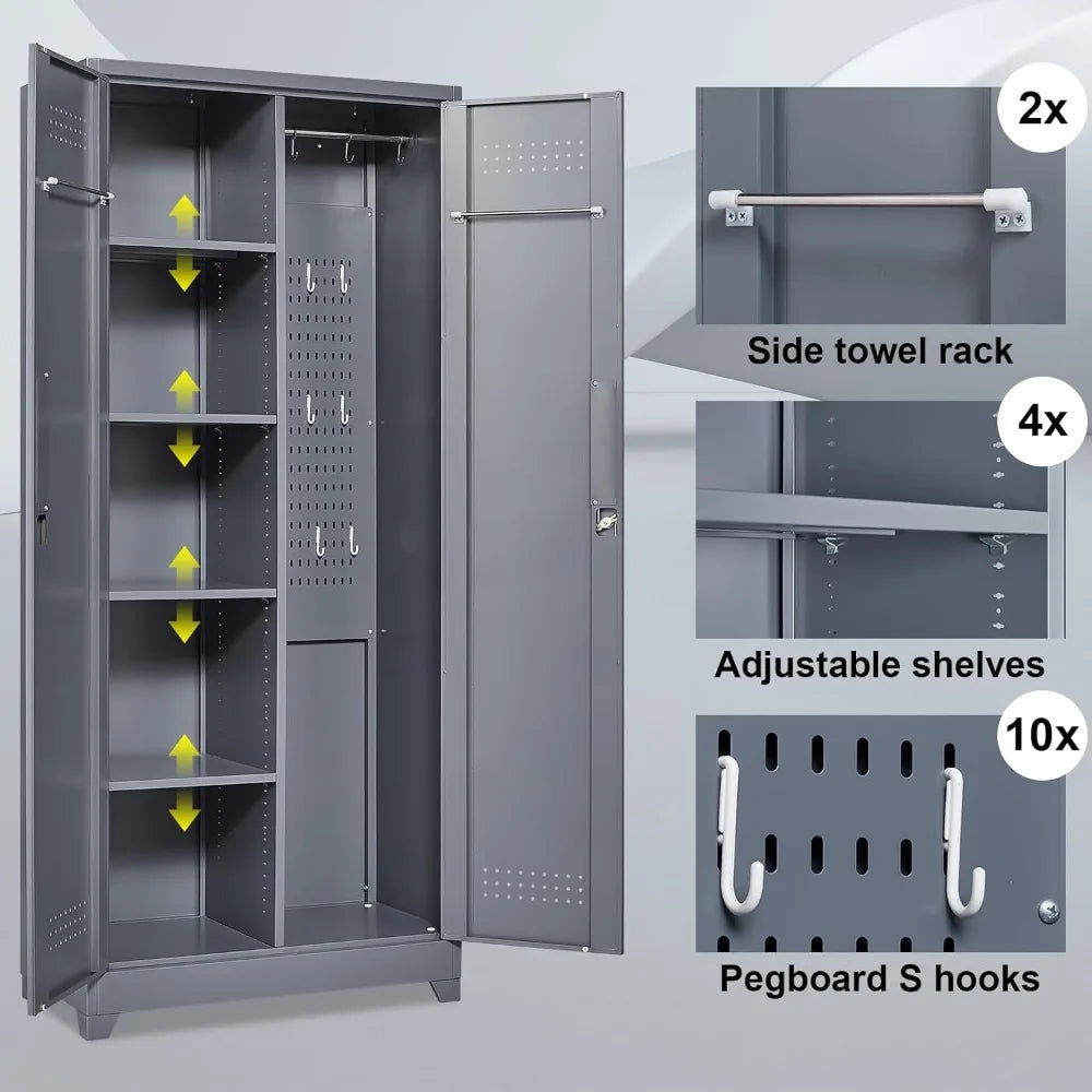 Metal Tool Storage Cabinet 72.8" Tall with Hooks and Shelves.