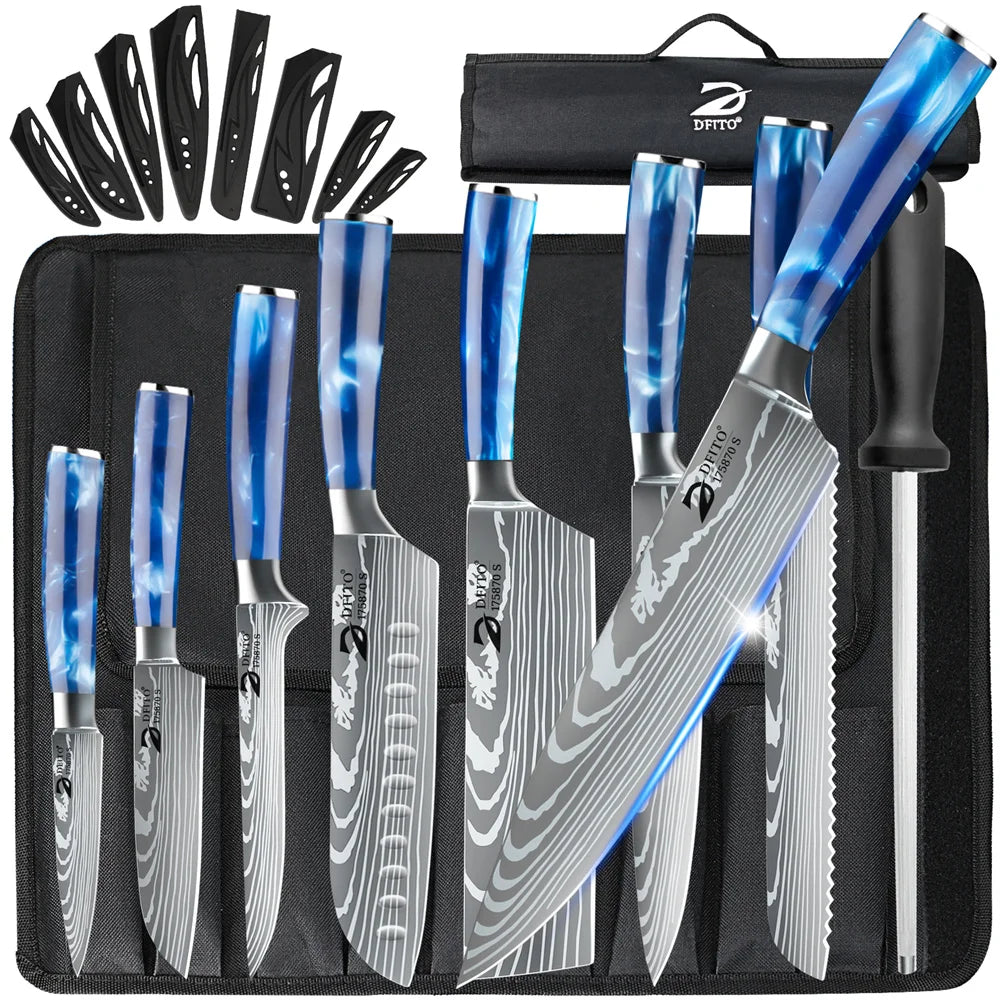 8 pcs Kitchen Stainless Steel Knife Set with Nylon Bag and Knife Sharpener