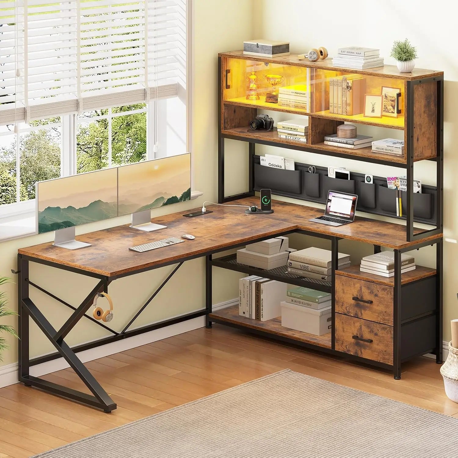 L Shaped Corner Gaming or Computer Desk for Home Office with 2 Drawers, Bookshelf, and LED Light,