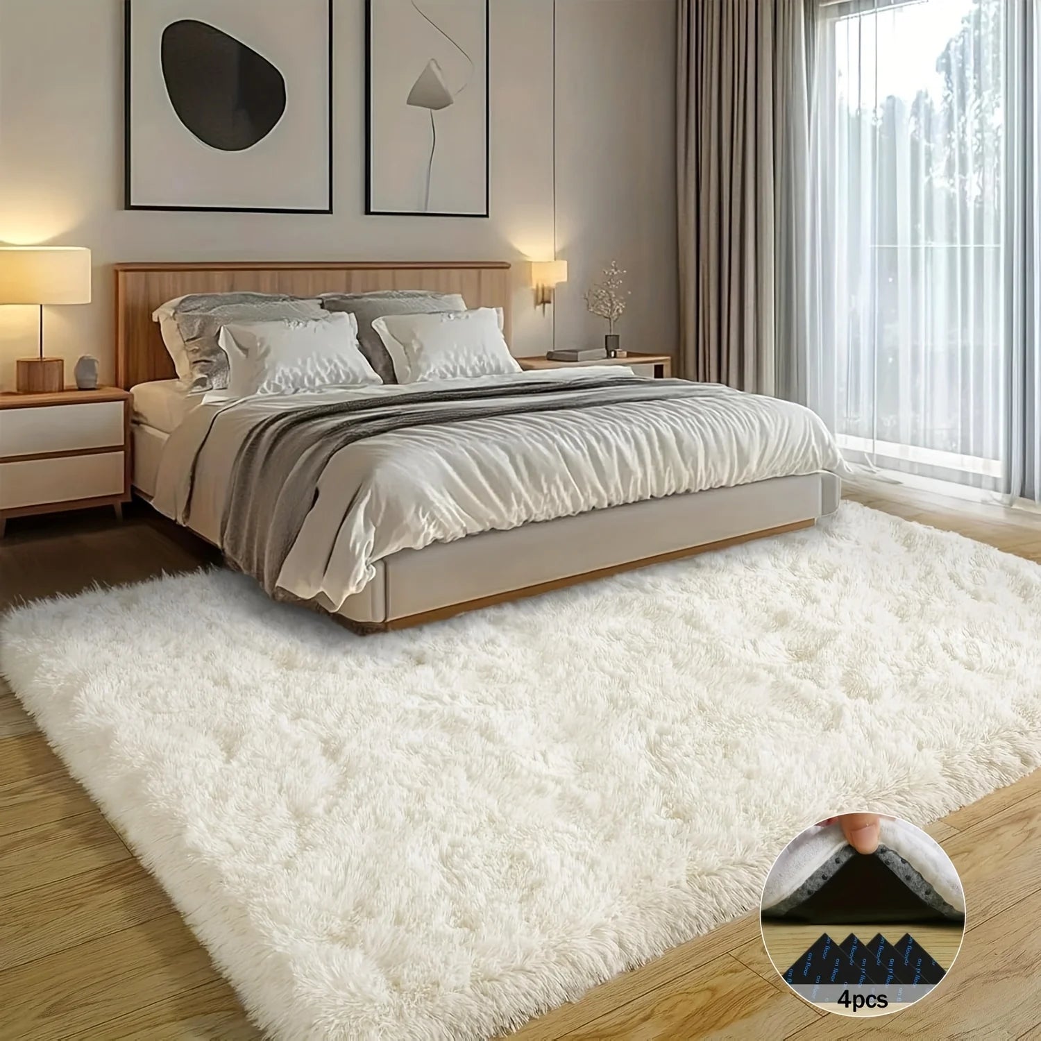 Off-White Soft Shaggy Plush Non-Slip Carpet Rugs
