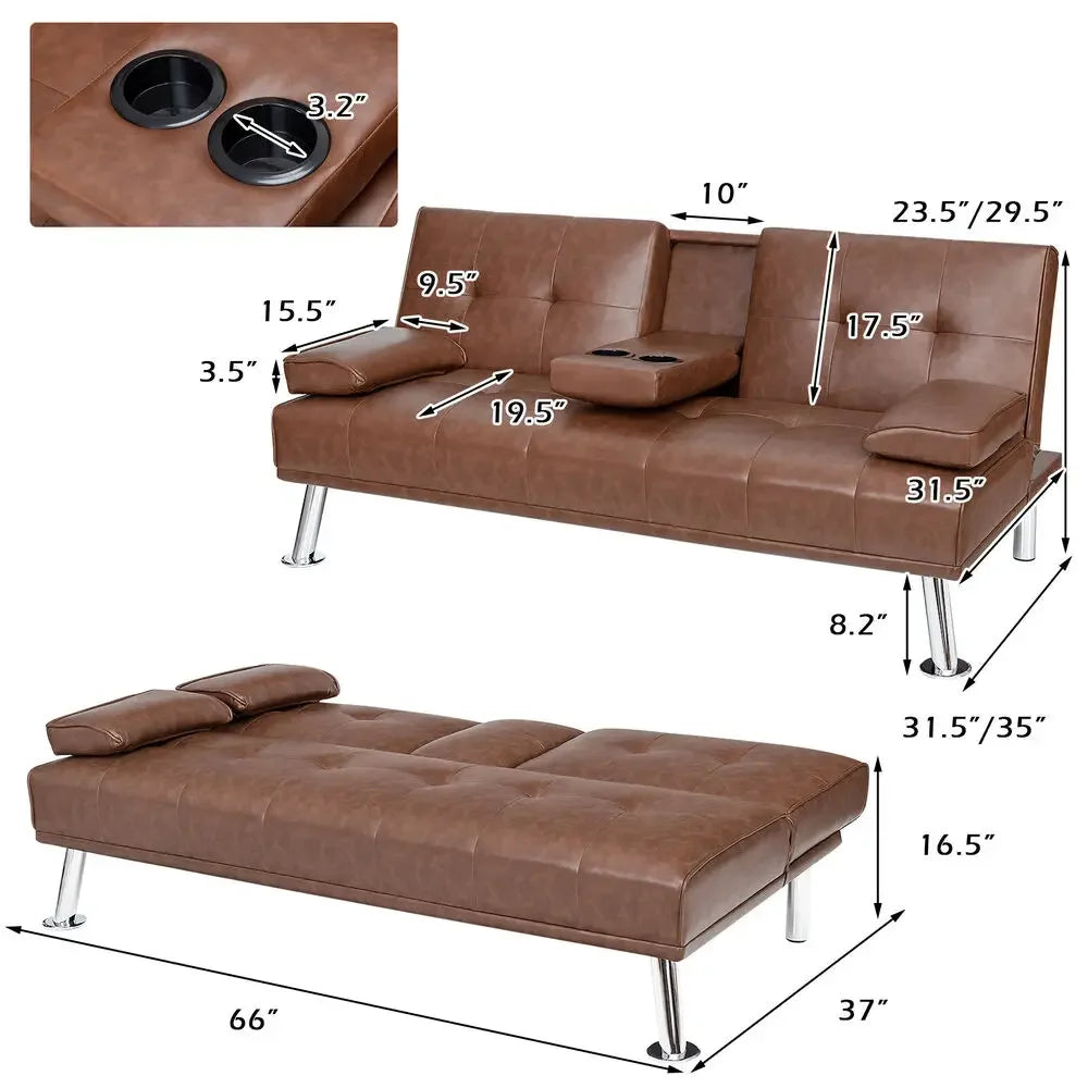 Convertible Folding Leather Futon Sofa Bed  w/ 2 Hidden Cup Holders.
