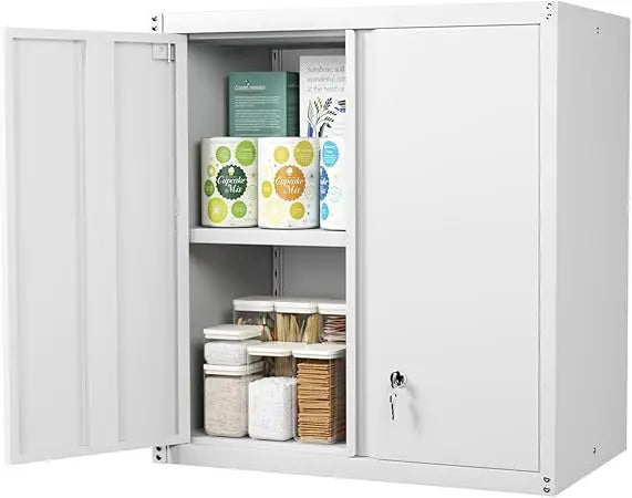 Metal Tool Storage Cabinet 72.8" Tall with Hooks and Shelves.
