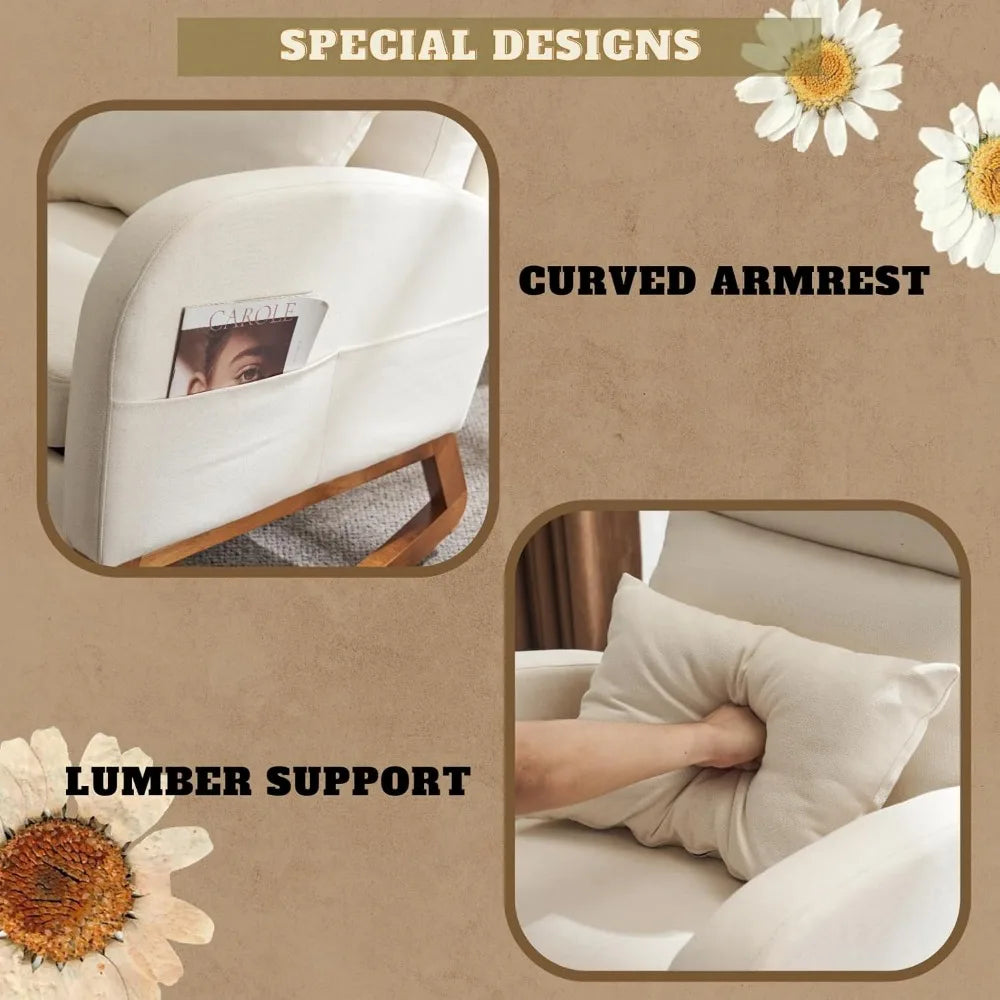 Upholstered Rocking Chair/Glider with Thick Headrest, Curved Armrest and Side Pockets. Two Styles and Various Colors.