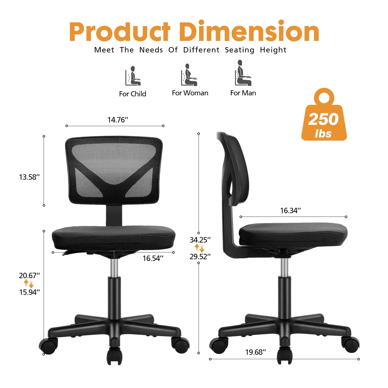 Armless Mesh Office Chair with Lumbar Support, Low Back, Adjustable Height and Swivel Seat.  Various colors.
