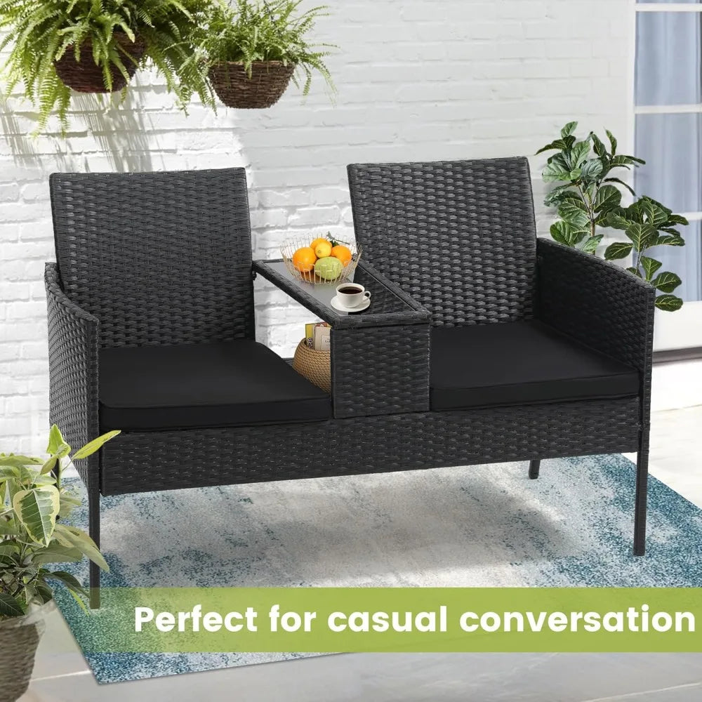 Wicker 2 Seat Outdoor Rattan Loveseat with Table and Washable Cushion Covers