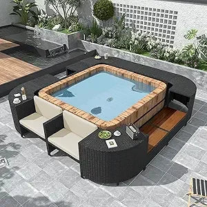 Patio Spa Surround Rattan Sofa Set with Wooden Seats and Storage Spaces.