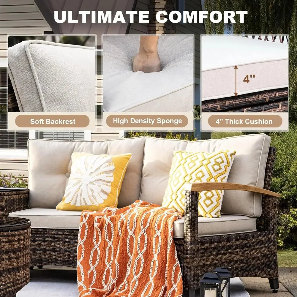 9 Piece Outdoor Patio Furniture Set, Half-Moon Curved Sectional Sofa Rattan Patio Conversation Set