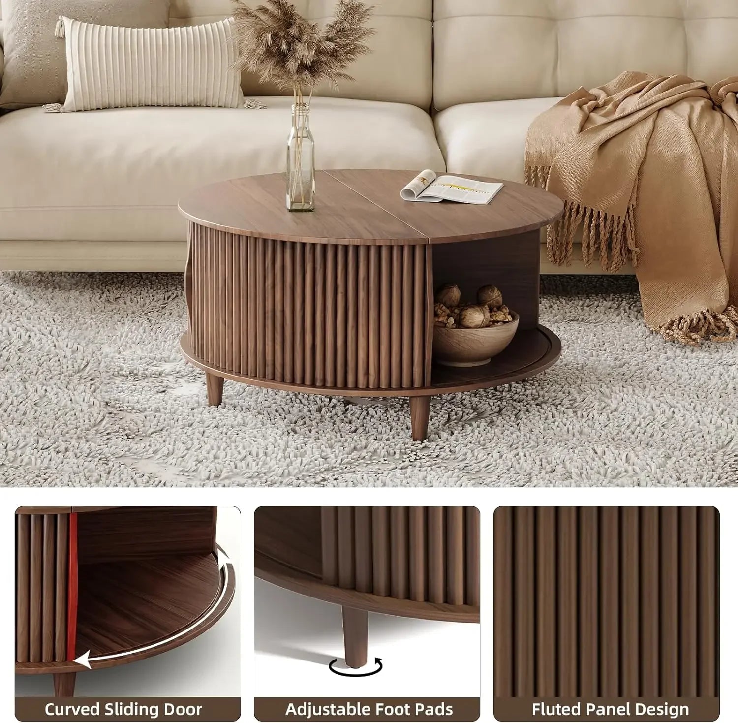 Round Coffee Table with Sliding Cabinet Door and Storage in Black or Oak.