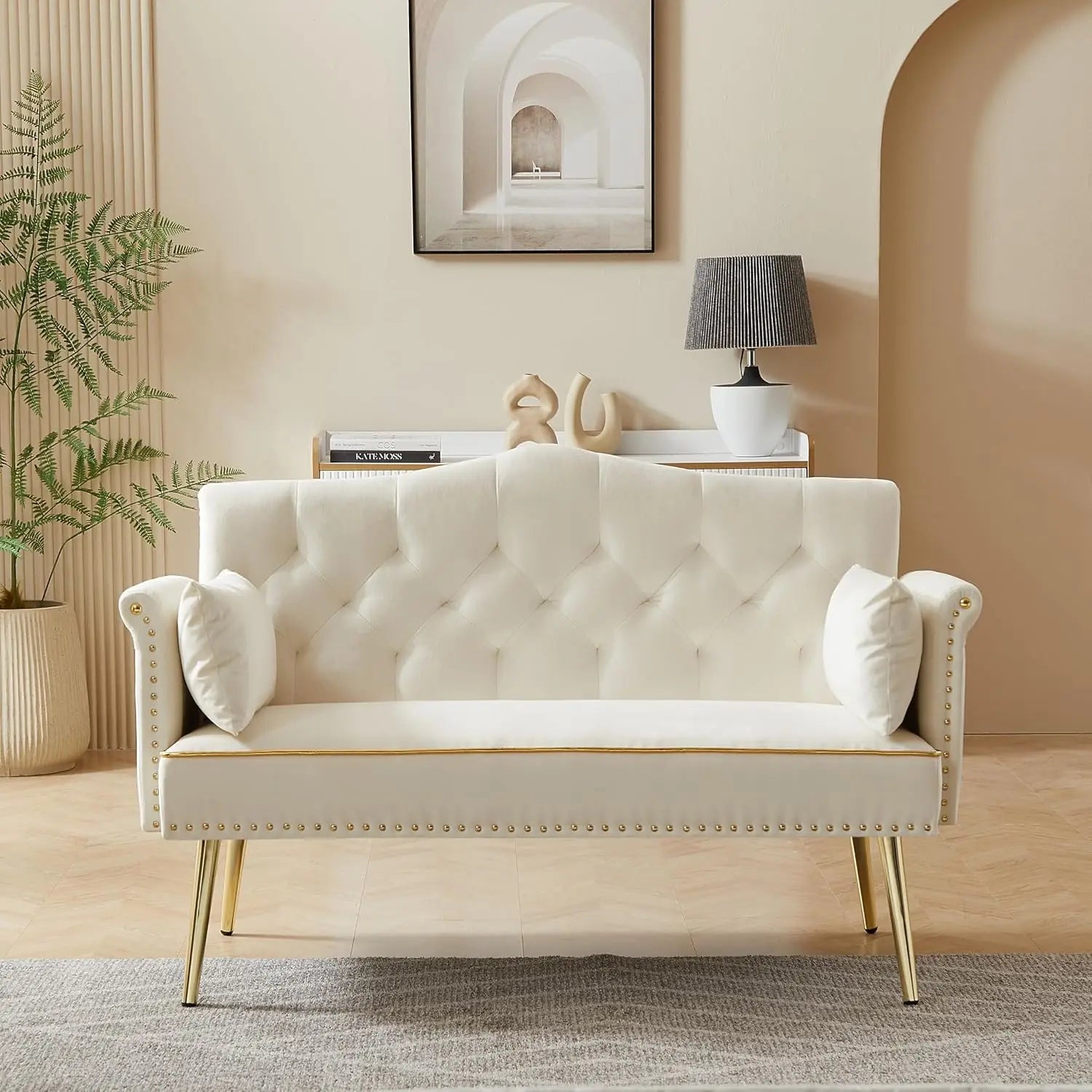 55-Inch Velvet Loveseat with Tufted Backrest, Side Pockets and Gold Metal Legs.  Also available in white or gray chair.