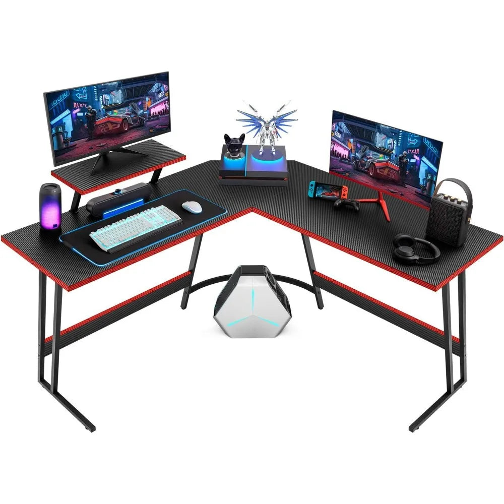L-Shaped PC Gaming Desk with Large Monitor Riser Stand.