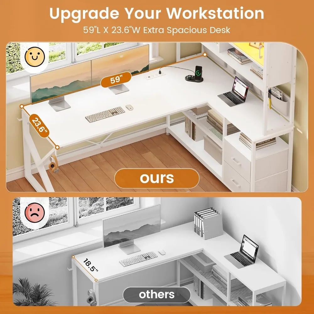 L Shaped Corner Gaming or Computer Desk for Home Office with 2 Drawers, Bookshelf, and LED Light,