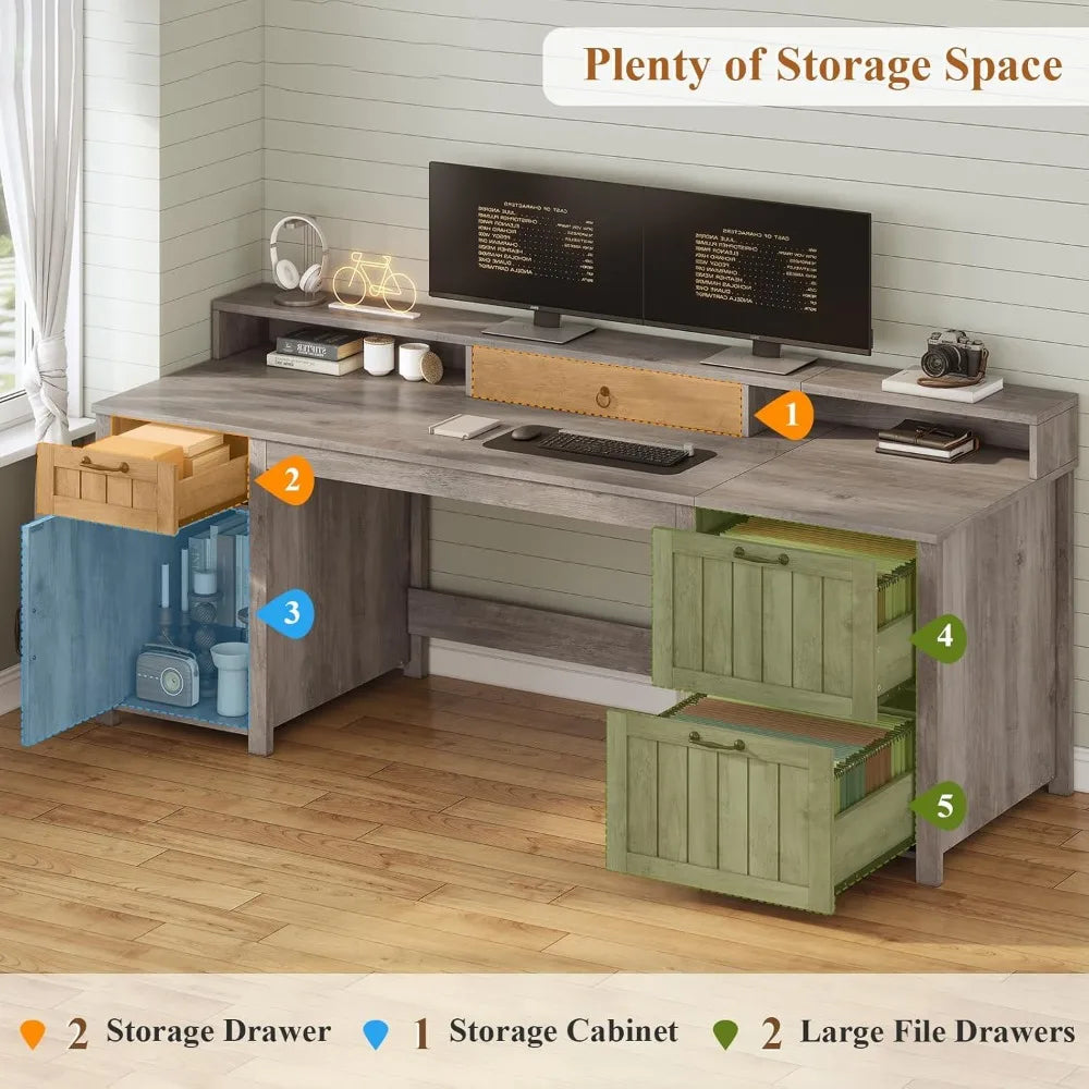 63" Wooden Farmhouse Executive Desk with Drawers, Storage Cabinet and File Drawer.