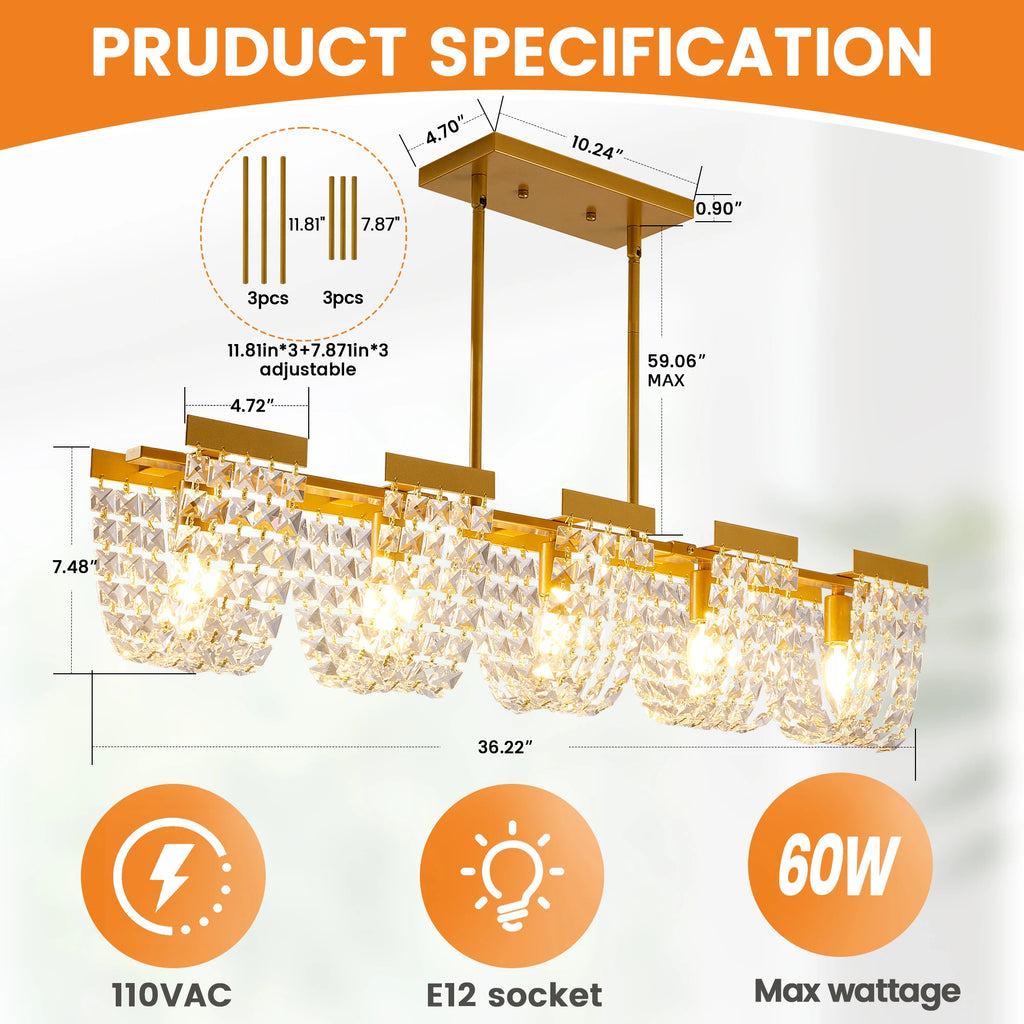 LED 5-Light Luxury Multi-room K9 Black or Gold Chandelier