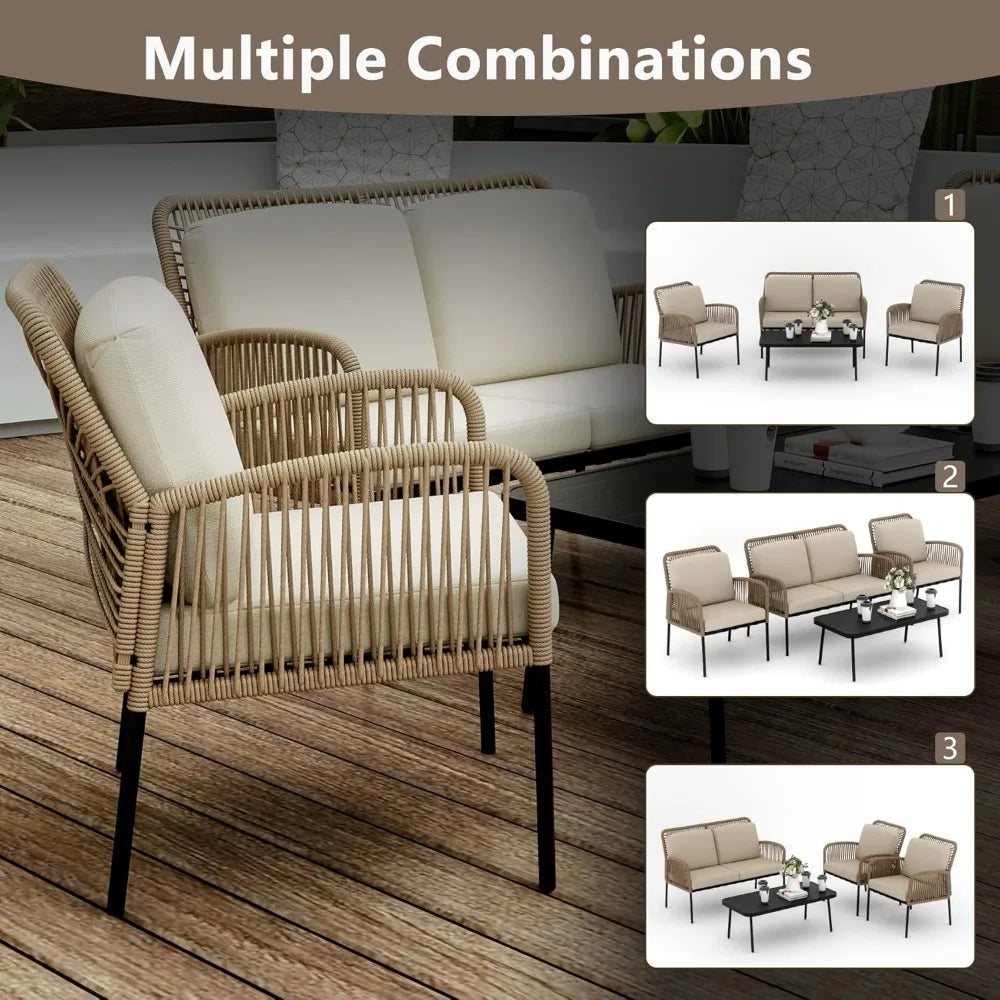 4 Pieces Outdoor All-Weather Rattan Patio Furniture Set with 2 Wicker Chairs. Loveseat & Table