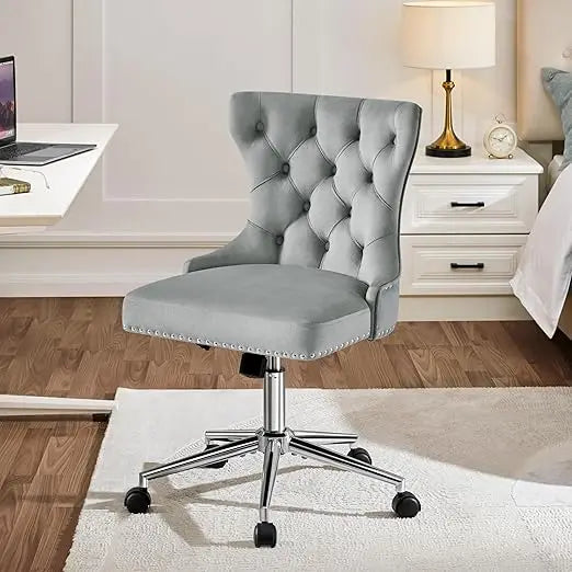 Adjustable Armless Velvet Desk or Vanity Chair with Back, Gold Base/Wheels and Rotating Seat,