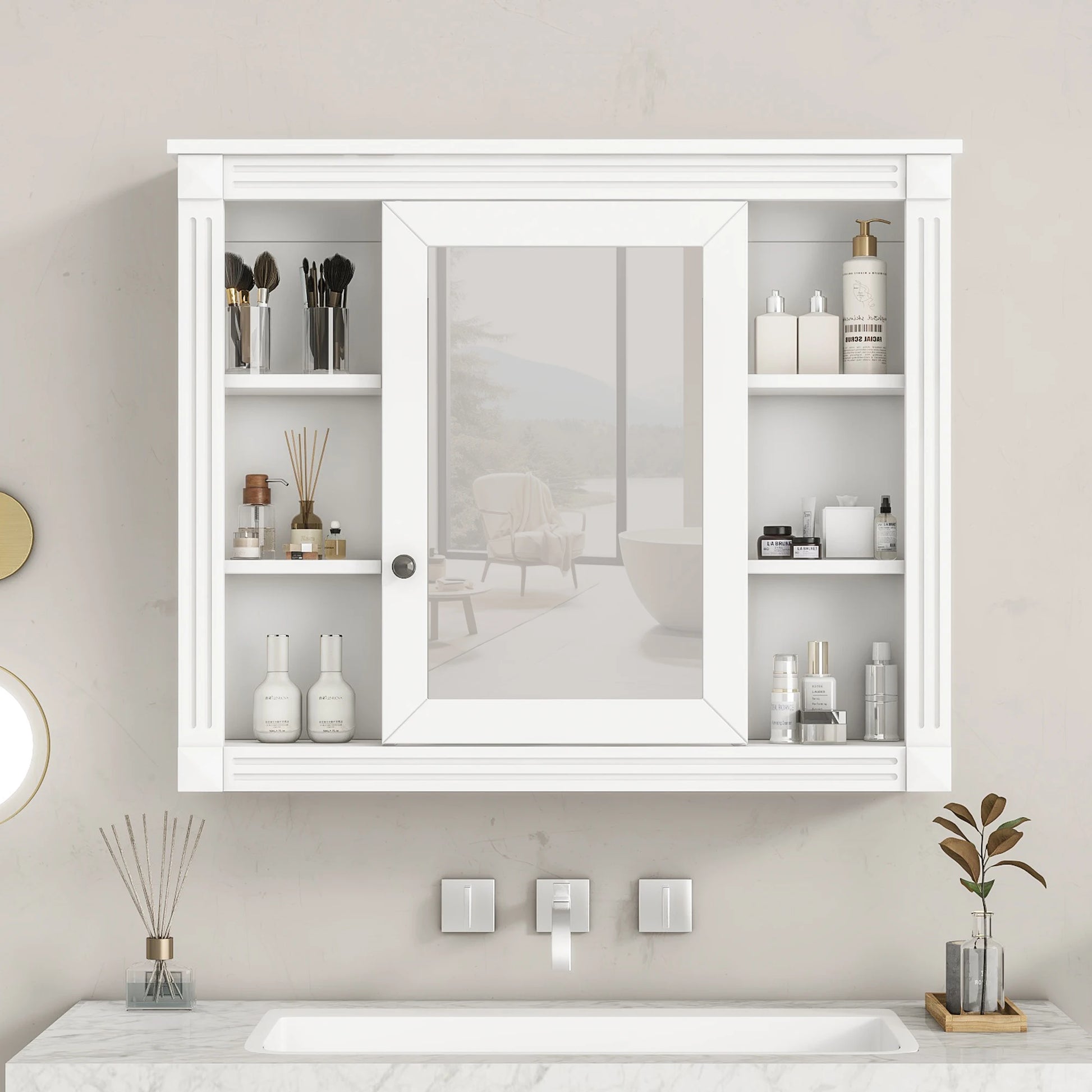 35'' x 28'' Wall Mounted Bathroom Storage Cabinet with 6 Open Shelves And Storage Behind Mirror