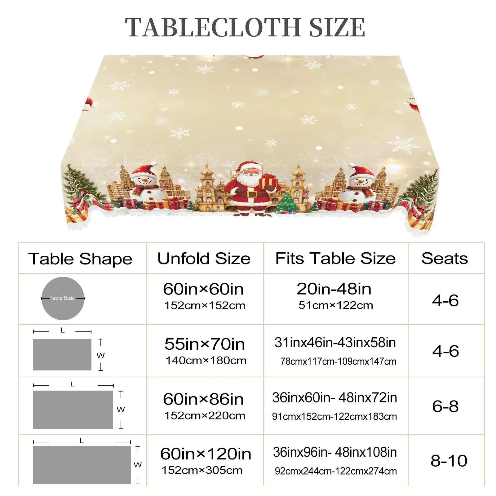 1 Piece Christmas Round or Rectangular Tablecloth, Various Sizes