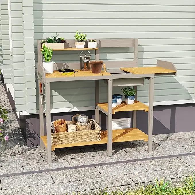 Outdoor Potting Bench  with Shelves for use as Planting Table.