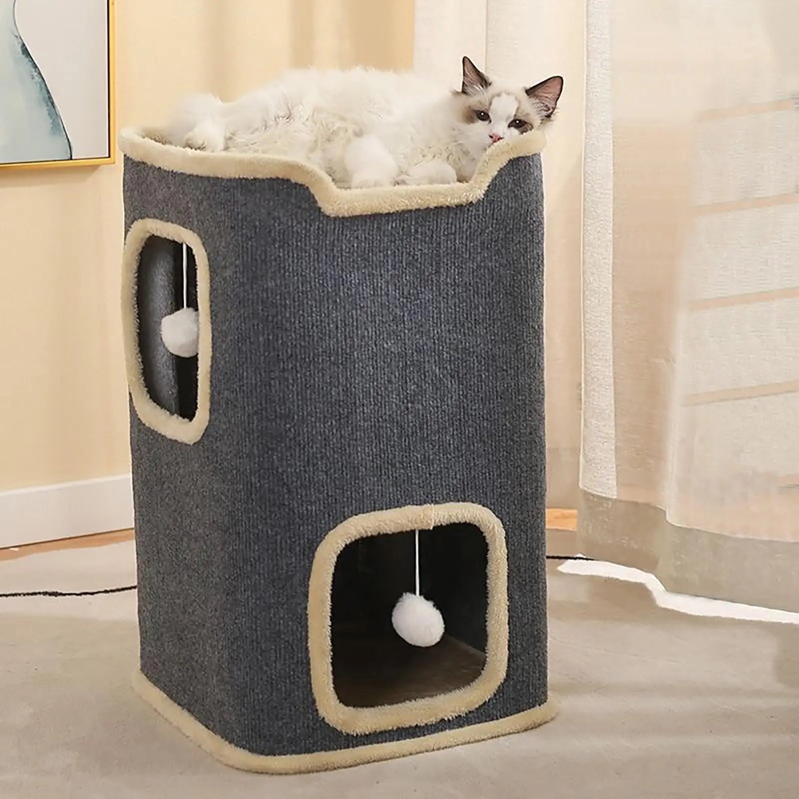 Rectangular 2-Layer Cat Playhouse for Indoor Cats with Hanging Toys