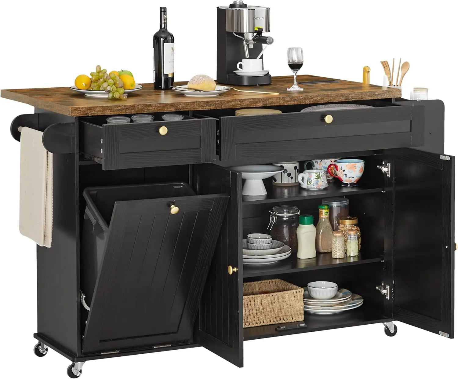 60" Rolling Kitchen Island with Drop Leaf, Power Outlet, Trash Bin and Towel Rack.