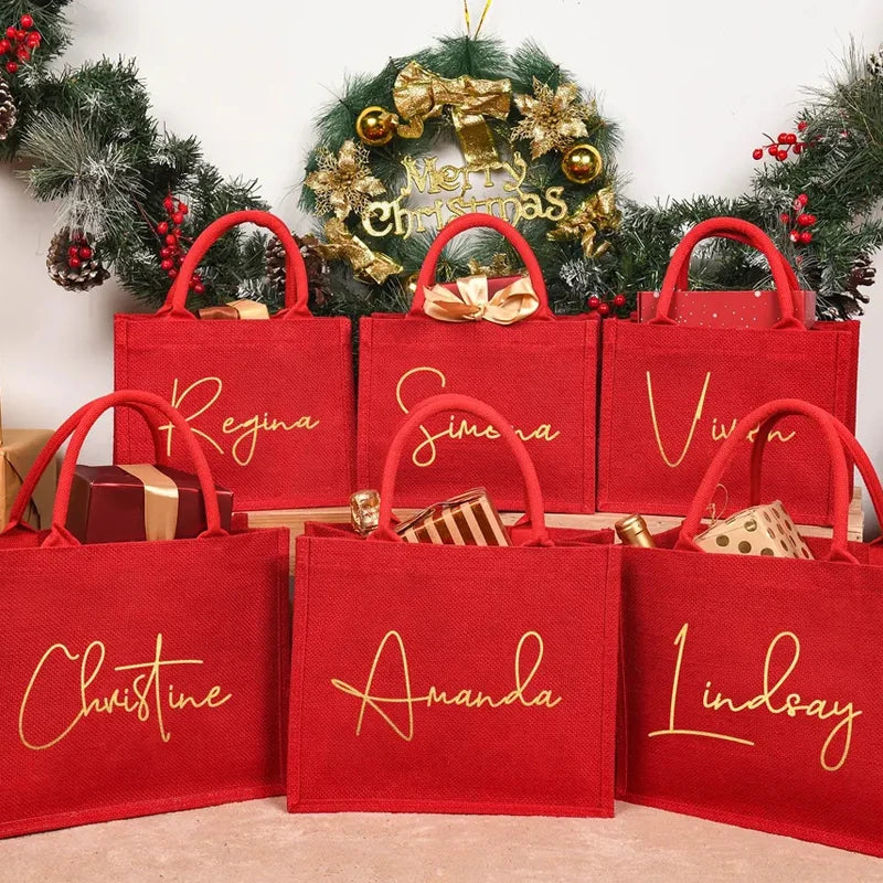 Personalized Name Red Burlap Tote Bag