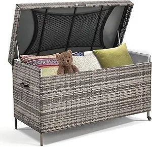 240 Gallon Wicker All-Weather Deck Box with 2 Universal Wheels & Hinged Opening