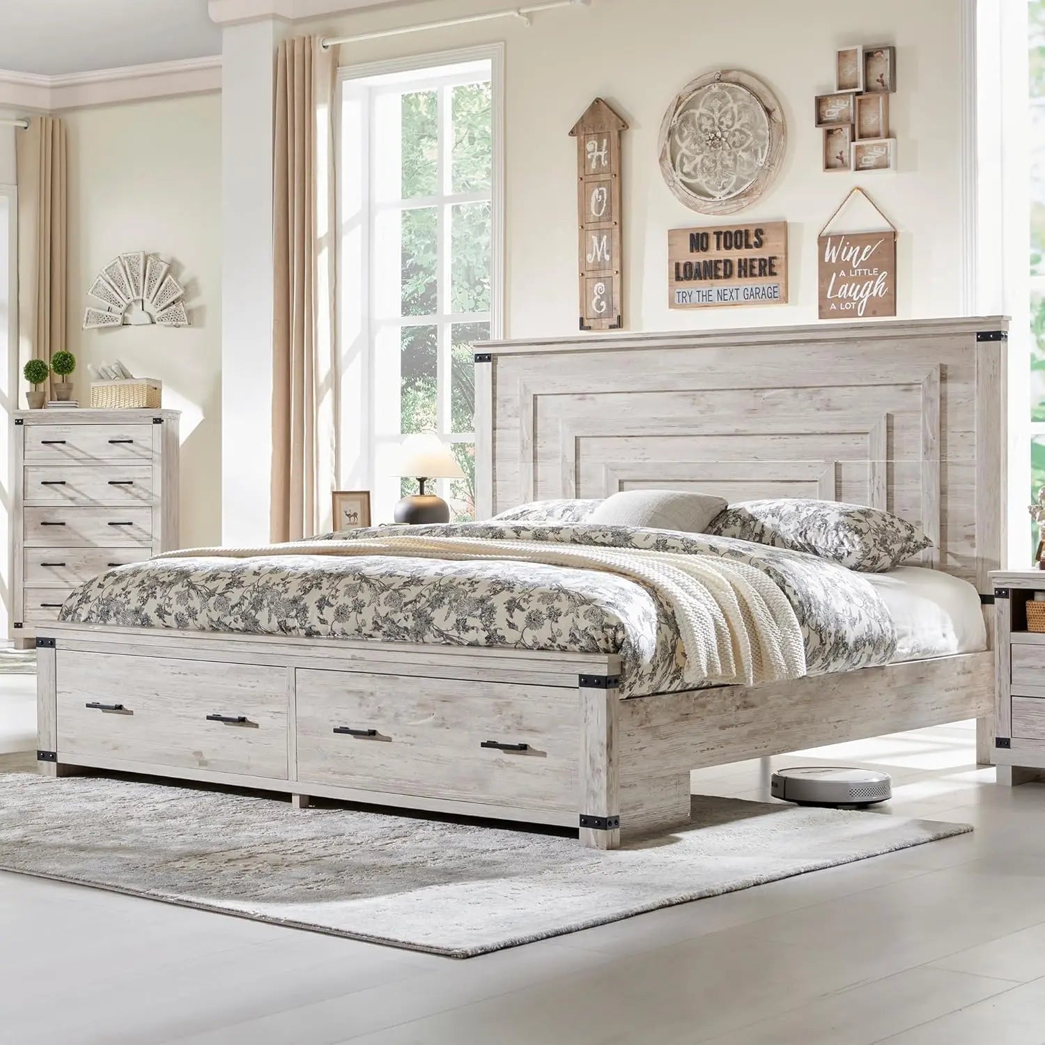 Wooden Antique White Farmhouse Bed Frame with 54" Tall  Headboard and 2 Large Storage Drawers.  King or Queen