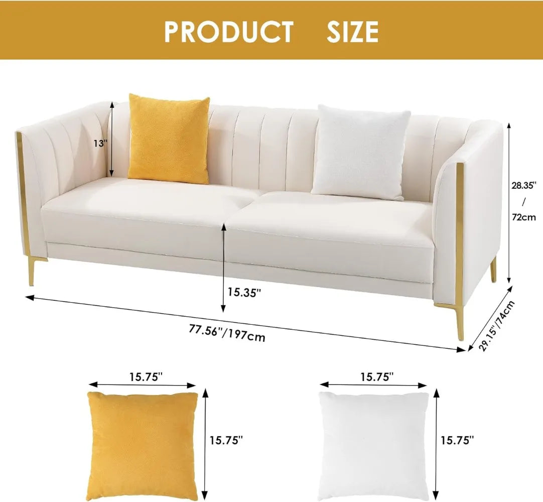 78'' Modern White Faux Leather Sofa with 2 Throw Pillows,