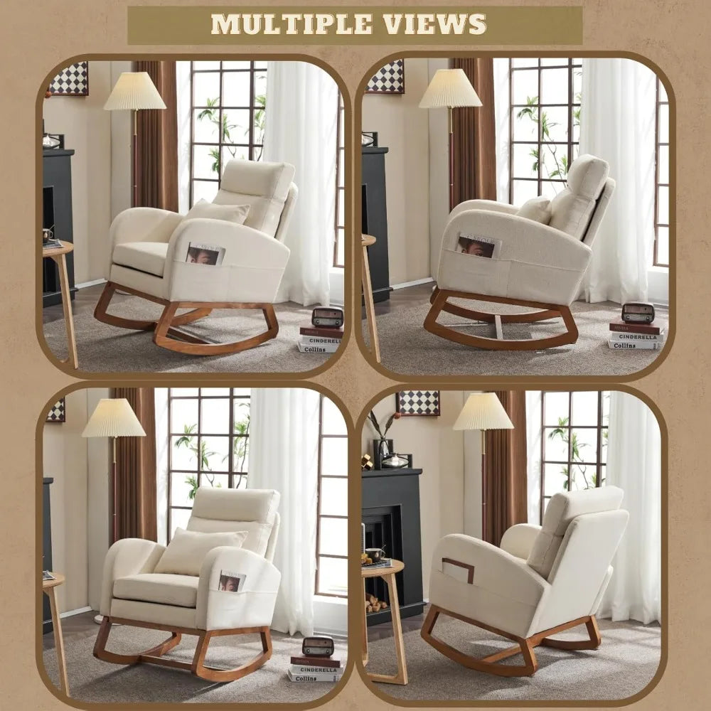 Upholstered Rocking Chair/Glider with Thick Headrest, Curved Armrest and Side Pockets. Two Styles and Various Colors.