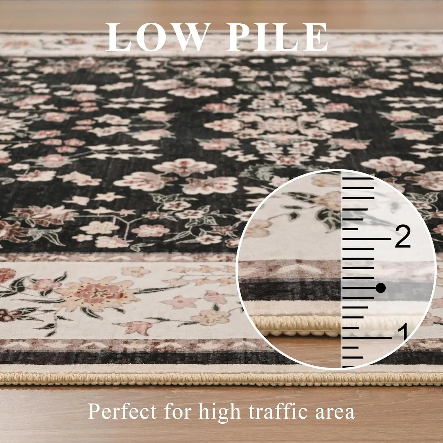 Washable Area Rug for Living Room with Vintage Floral Print.