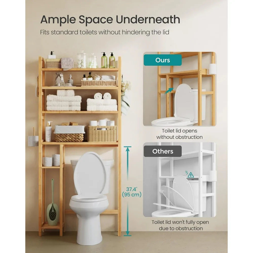 Adjustable Bamboo Over The Toilet Storage Shelf with Toilet Paper Holder