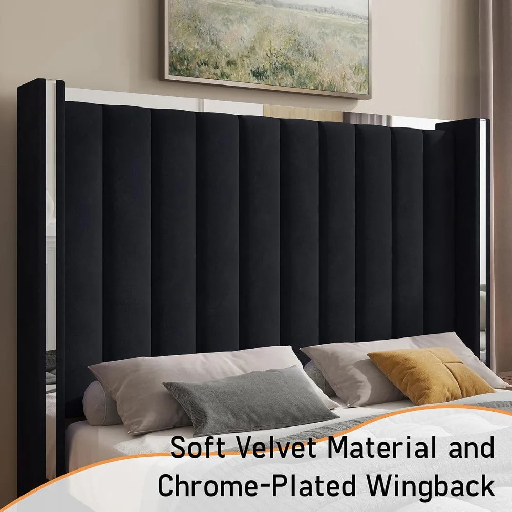 Queen Size Bed Frame with 58" Tall Velvet Upholstered Headboard,