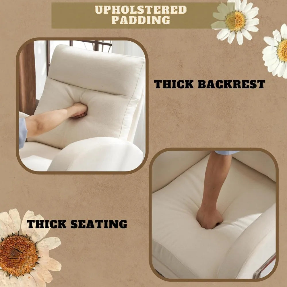 Upholstered Rocking Chair/Glider with Thick Headrest, Curved Armrest and Side Pockets. Two Styles and Various Colors.