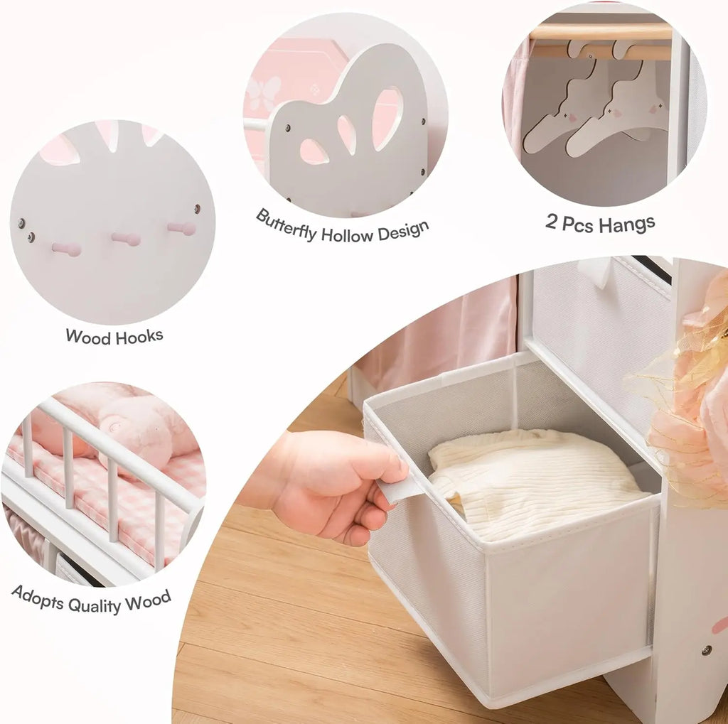 Pink and White Wooden Baby Doll Furniture Crib  with Storage Bedding and Wooden Hooks .