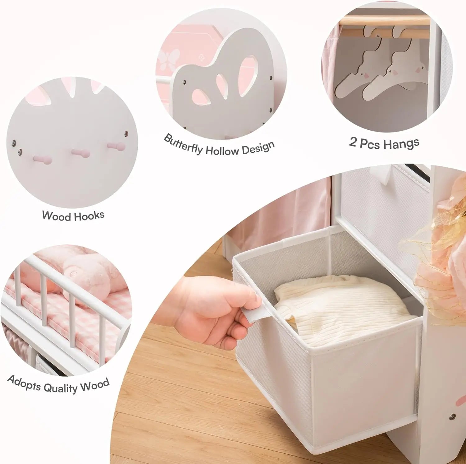 Pink and White Wooden Baby Doll Furniture Crib  with Storage Bedding and Wooden Hooks .