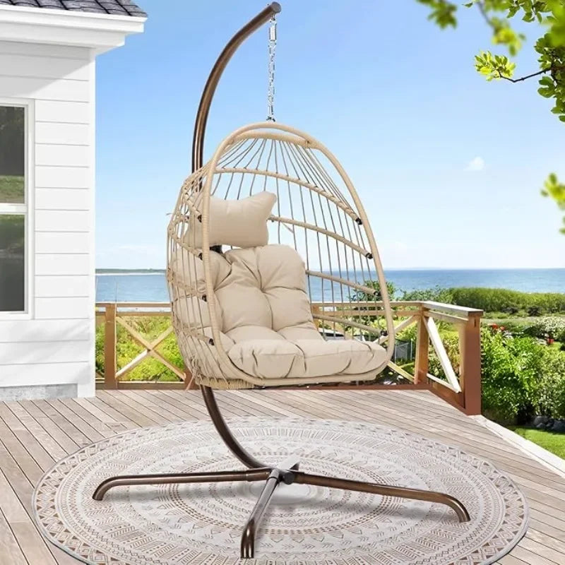 Outdoor Hanging Egg Chair with Stand and Water Resistant Cushions.