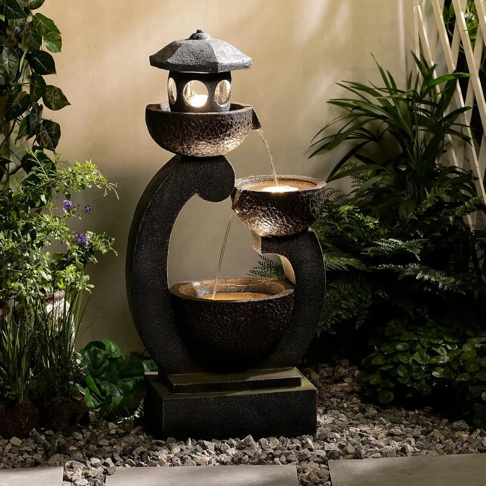 Outdoor Zen Feature - Garden Fengshui Freestanding Cascading Pagoda Waterfall with LED Lights & Pump.
