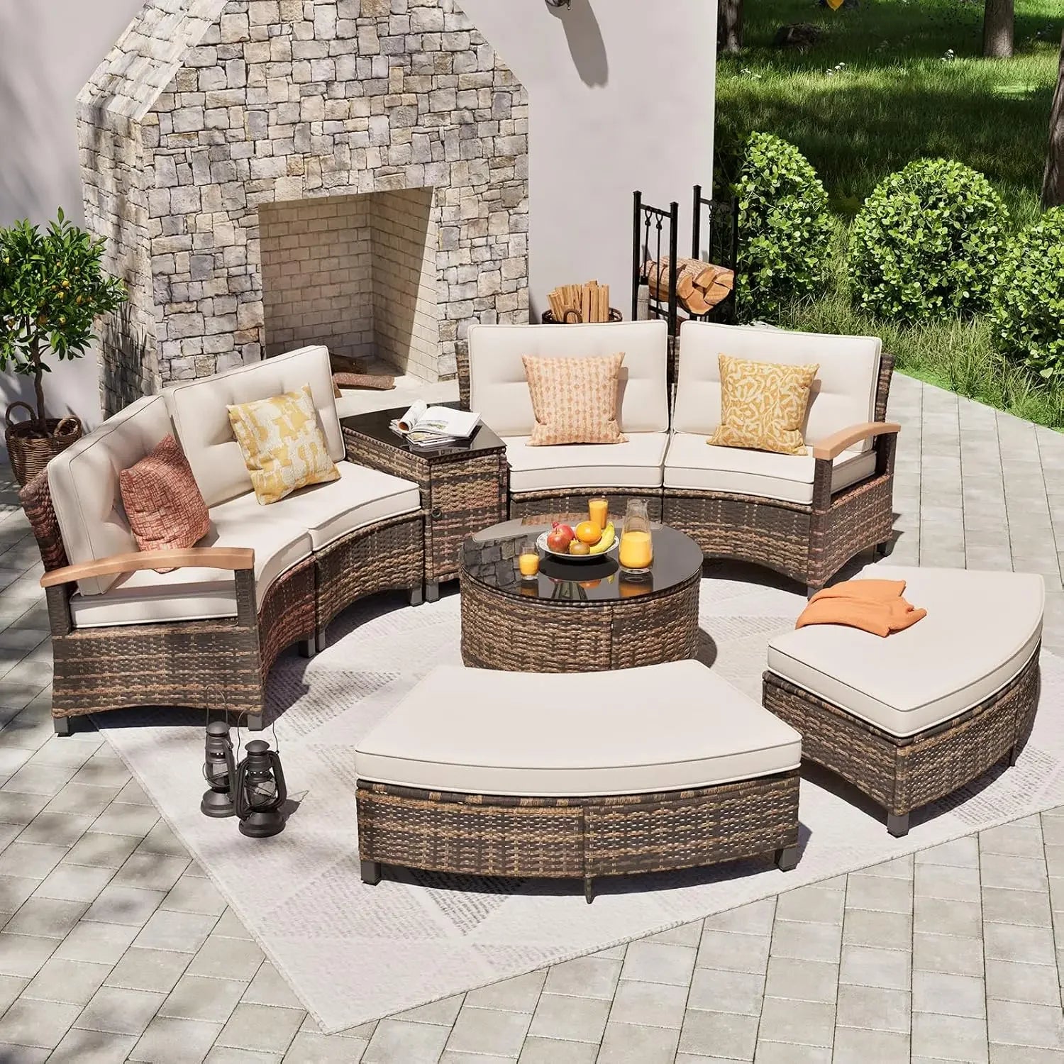 9 Piece Outdoor Patio Furniture Set, Half-Moon Curved Sectional Sofa Rattan Patio Conversation Set